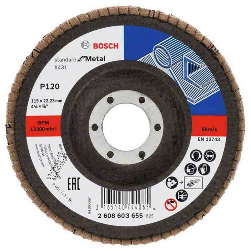 BOSCH X431 legyező csiszolótárcsa, Standard for Metal, 115 mm, 22,23 mm, 120 2608603655